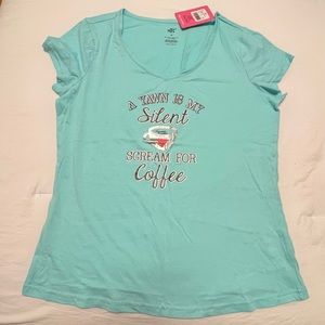 New with tags Sleep Riot turqoise blue Coffee graphic sleep shirt. Size medium